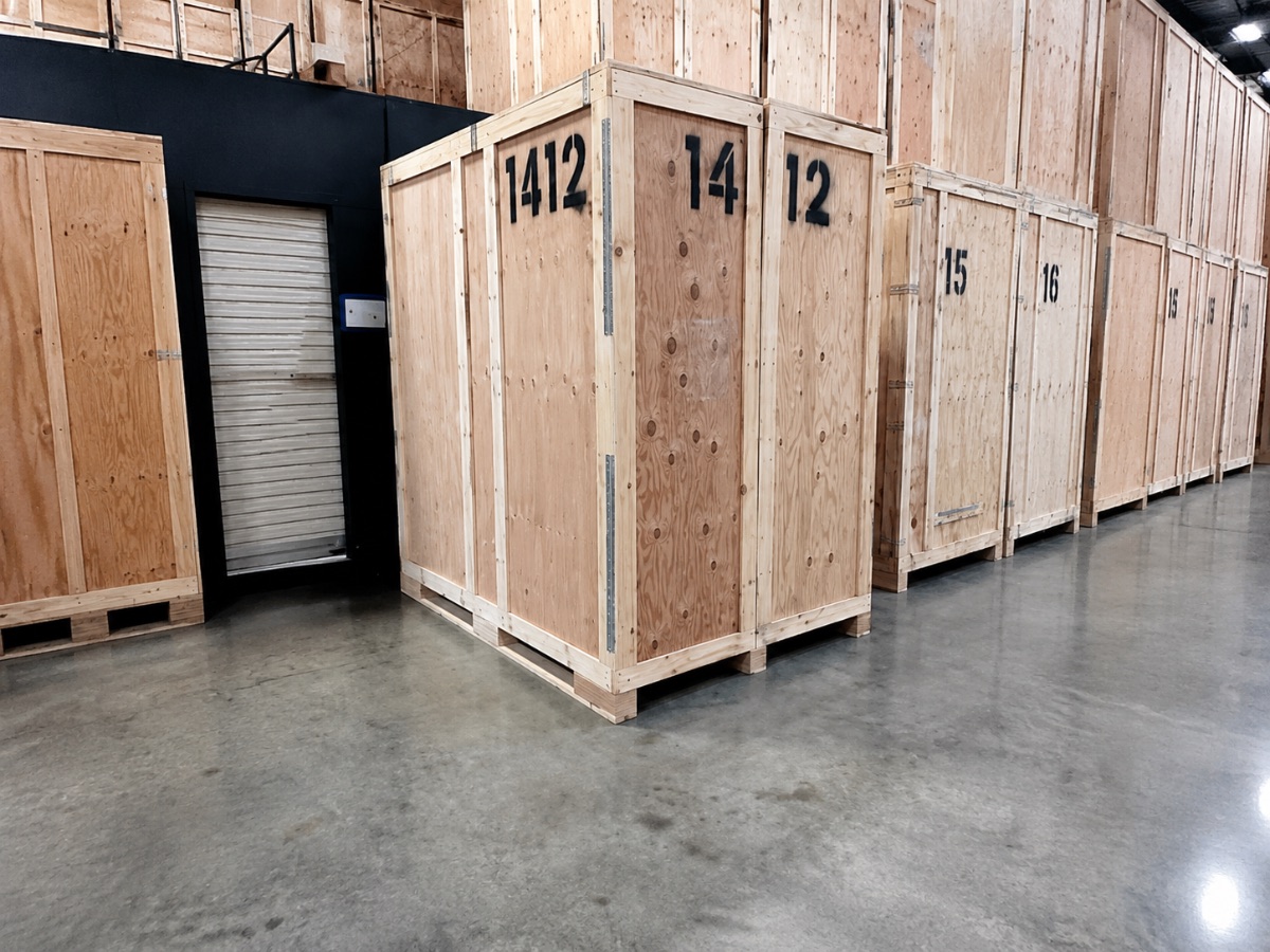 Sealed wooden crates in the Shamrock warehouse