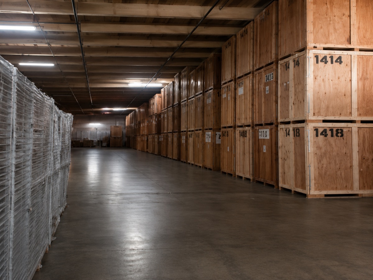 Rows of numbered wooden vaults in the Shamrock warehouse